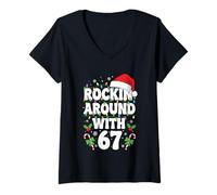 Donna Rockin Around with 67 Sei Sette Natale 67 Meme Maglietta con Collo a V