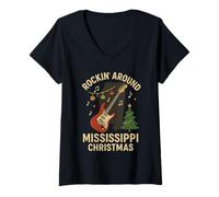 Donna Rockin Mississippi - Camicia Natalizia con Chitarra e Albero di Natale Maglietta con Collo a V