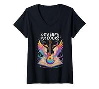 Donna Rockin' Powered BY Books Reading Rocks Library Literacy Crew Maglietta con Collo a V