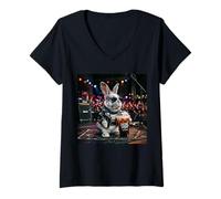 Donna Rocking Bunny Drinking Iced Coffee Meme Rabbit Cute Heavy Me Maglietta con Collo a V