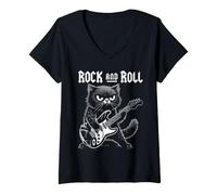Donna Rock'N Roll - Chitarra per Gatti Rock Chitarrista Cat Maglietta con Collo a V