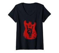 Donna Rock'N Roll Guitar Lover - Corna a Mano Rock On Concert Maglietta con Collo a V