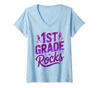 Donna Rockstar 1 ° Grado Rocks Happy Choir Teacher Squad Throwback Maglietta con Collo a V