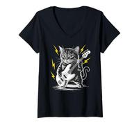 Donna Rockstar Bassist Cat on Cat - Basso elettrico Maglietta con Collo a V