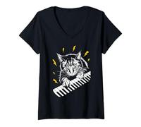 Donna Rockstar Pianist Cat su Cat Piano Maglietta con Collo a V