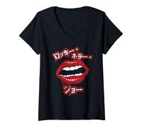 Donna Rocky Horror Show Japanese Text Labbra Maglietta con Collo a V