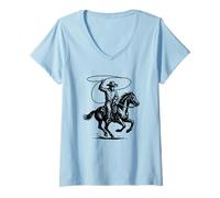 Donna Rodeo Cowboy, xilografia Western Vintage Look Maglietta con Collo a V