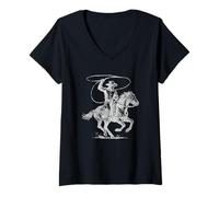 Donna Rodeo Cowboy, xilografia Western Vintage Look Maglietta con Collo a V