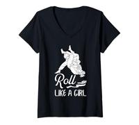 Donna Roll Like A Girl BJJ Brasiliano Jiu Jitsu Donne Maglietta con Collo a V