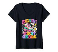 Donna Rollin Into First Grade Retro Roller Skate Torna a Scuola Maglietta con Collo a V