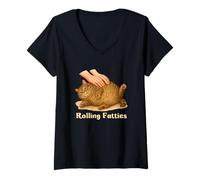 Donna Rolling Fatties Funny Chubby Fat Tabby Cat Meme Lazy Cat Maglietta con Collo a V