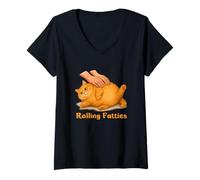 Donna Rolling Fatties Funny Chubby Orange Cat Meme Lazy Cat Maglietta con Collo a V