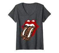 Donna Rolling Stones - Linguetta Leopardata Classica Maglietta con Collo a V, Grigio Scuro, L
