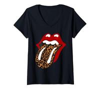 Donna Rolling Stones - Linguetta Leopardata Classica Maglietta con Collo a V, Nero, XL