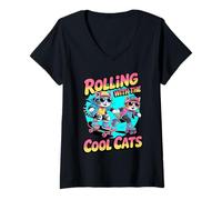 Donna Rolling with The Cool Cats Skater Roller Skater felino Maglietta con Collo a V