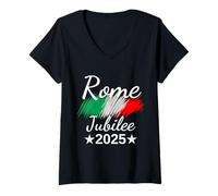 Donna Roma Italia Bandiera Italia Souvenir Roma 2025 Pellegrinaggio Giubilare Maglietta con Collo a V
