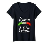 Donna Roma Italia Bandiera Italia Souvenir Roma 2025 Pellegrinaggio Giubilare Maglietta con Collo a V