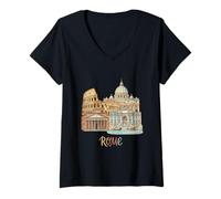 Donna Roma Italia Viaggio Souvenir Regalo Storico Città Monumento Maglietta con Collo a V