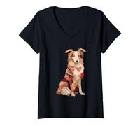 Donna Romantico Patchwork Border Collie con Cuore Rosso Maglietta con Collo a V