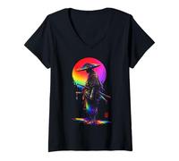 Donna Ronin Samurai Cappello di Paglia Giapponese Illustrazione di Arte Maglietta con Collo a V