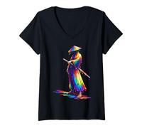 Donna Ronin Samurai Spada Arte Giapponese Illustrazione Maglietta con Collo a V