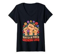 Donna Rooted In Power Growing Loud Fist Flowers Maglietta con Collo a V