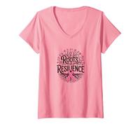 Donna Roots of Resilience - Nastro Rosa con Albero per la sensibilizzazione sul Cancro al Seno Maglietta con Collo a V