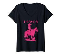 Donna Rosa Cowgirl su cavallo grafica con Howdy Western Testo Girly Maglietta con Collo a V