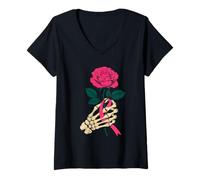 Donna Rosa Fiore Rosa Scheletro Mano Seno Cancro Awareness Maglietta con Collo a V