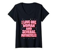 Donna Rosa Retro I Love One Woman E Diverse Motociclette Maglietta con Collo a V