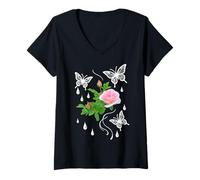 Donna Rosa Rosa con Farfalle e Gocce di Rugiada su Forme Nere Mania Maglietta con Collo a V