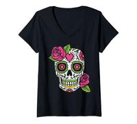 Donna Rosa Rosa Zucchero Teschio Dia De Los Muertos Messicano Halloween Maglietta con Collo a V