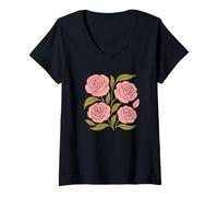 Donna Rosa Rose Vintage Flower Lover Illustrazione Grafica Floreale Maglietta con Collo a V