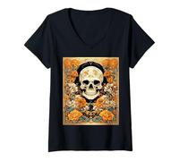 Donna Rose Arancioni Che circondano Un Design Art Nouveau Cranium Maglietta con Collo a V