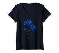 Donna Rose Blu Coppia Fiore Fantasia Gotica Arte Estetica Floreale Maglietta con Collo a V