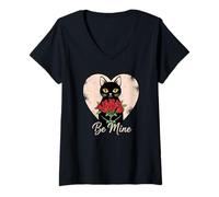 Donna Rose Gatto Nero Romantico San Valentino Animale Maglietta con Collo a V