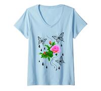 Donna Rose Rosa con Farfalle e Gocce di Rugiada Forme Mania Maglietta con Collo a V
