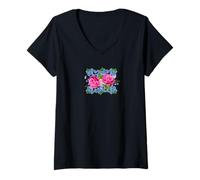 Donna Rose Rosa e Non Ti scordar di Me Fiori Maglietta con Collo a V