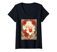 Donna Rose Rosse E Cuori Art Nouveau Maglietta con Collo a V