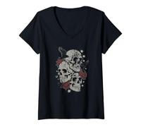 Donna Roses And Skulls Elder Emo Grunge Punk Graphic Goth Gothic Maglietta con Collo a V