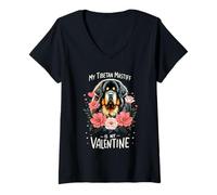 Donna Roses Flowers Valentine's Day Tibetan Mastiff Maglietta con Collo a V