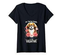 Donna Roses Flowers Valentine's Day Tibetan Spaniel Maglietta con Collo a V