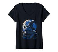 Donna Rospo Halloween Mago Cappello Celeste Luna Spooky Witchy Maglietta con Collo a V