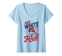 Donna Rosso Bianco E Feral - Patriottico USA Horse Merica 4 luglio Maglietta con Collo a V