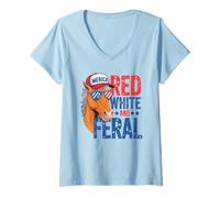 Donna Rosso Bianco E Feral - Patriottico USA Horse Merica 4 luglio Maglietta con Collo a V