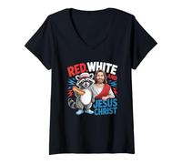 Donna Rosso Bianco E Gesù Cristo Raccoon Hotdog Independence Day Maglietta con Collo a V