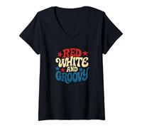 Donna Rosso Bianco e Groovy 70s Vintage Style USA 4 luglio Maglietta con Collo a V