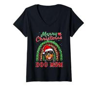 Donna Rottweiler Christmas Santa Hat Dog Mom Boho Rainbow Xmas Maglietta con Collo a V