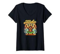 Donna Rottweiler Hawaiian Hula Luau Tramonto Spiaggia Tropicale Cane Carino Maglietta con Collo a V
