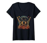 Donna Rottweiler papà Carino Anime Giapponese Roba Samurai Cane Ninja Maglietta con Collo a V
